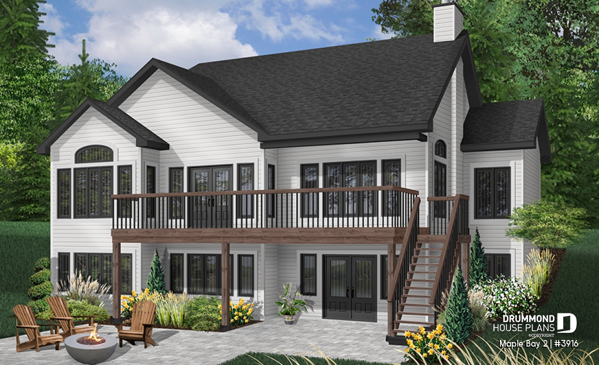 Color version 2 - Rear - One-storey ranch style house plan with walkout basement,  2-car garage, 2 fireplaces, master on main floor - Maple Bay 2