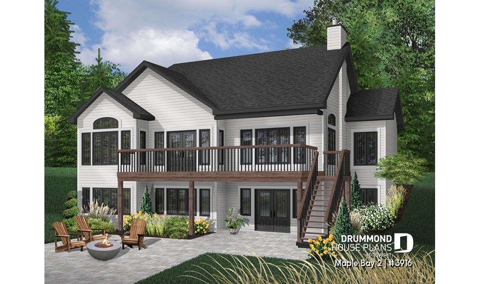 Color version 2 - Rear - One-storey ranch style house plan with walkout basement,  2-car garage, 2 fireplaces, master on main floor - Maple Bay 2