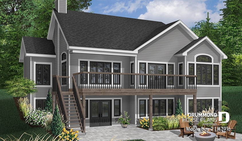 Rear view - BASE MODEL - Lakefront house plan with  1 to 4+ bedrooms, 2 fireplaces, large terrace - Maple Bay 2