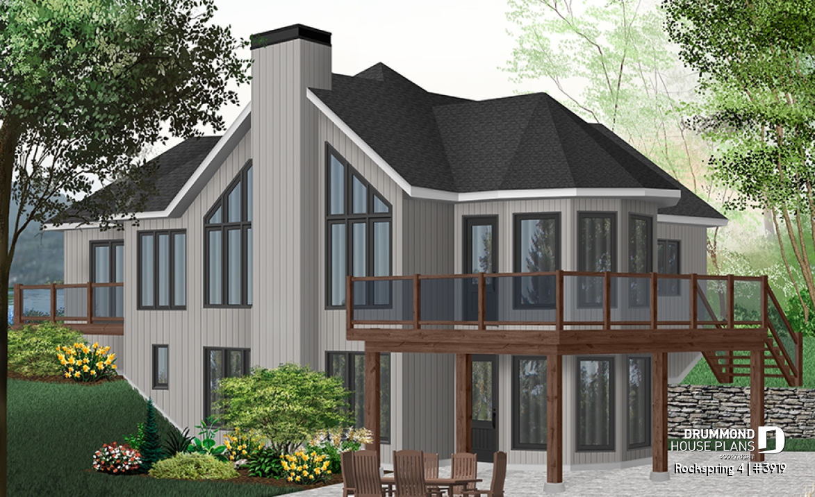 Color version 1 - Rear - Ranch style house plan with walkout finished basement, 2 to 4 bedrooms, garage, cathedral ceiling - Rockspring 4