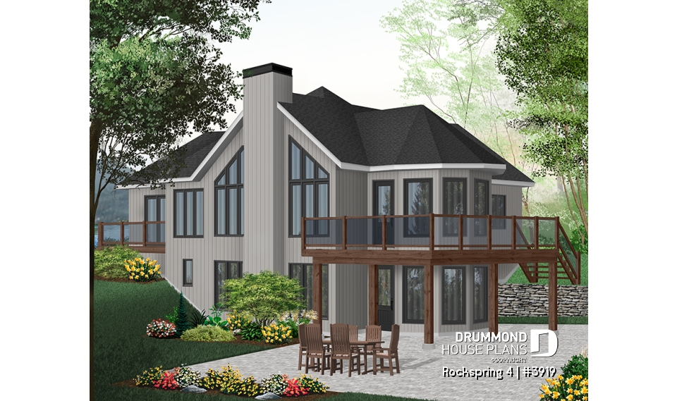 Color version 1 - Rear - Ranch style house plan with walkout finished basement, 2 to 4 bedrooms, garage, cathedral ceiling - Rockspring 4