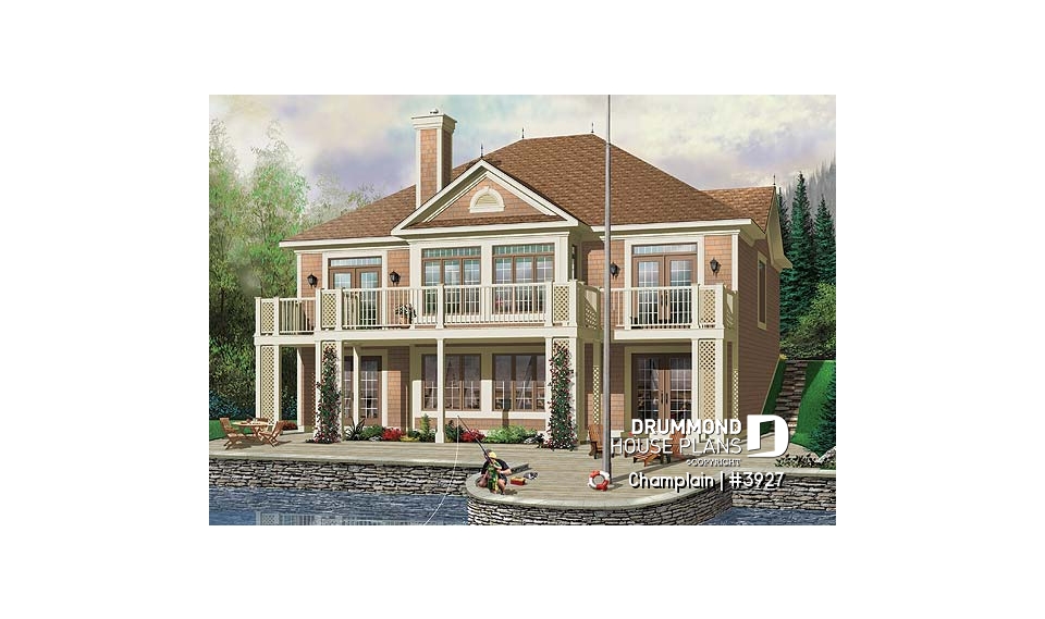 Rear view - BASE MODEL - Great Country Lake cottage, 9' ceiling, open floor plan, large kitchen island, unfinished walkout basement - Champlain