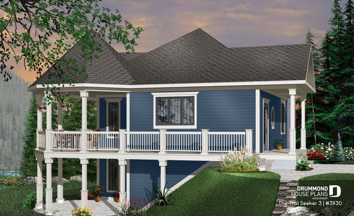 front - BASE MODEL - Cottage house plan, 3 bedrooms, 2 bathrooms, 2 family rooms, large covered wraparound deck - The Trail Seeker 3