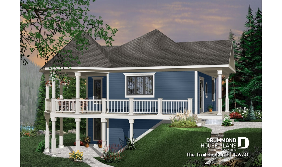 front - BASE MODEL - Cottage house plan, 3 bedrooms, 2 bathrooms, 2 family rooms, large covered wraparound deck - The Trail Seeker 3