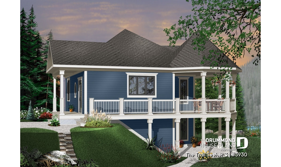front - BASE MODEL - Cottage house plan, 3 bedrooms, 2 bathrooms, 2 family rooms, large covered wraparound deck - The Trail Seeker 3