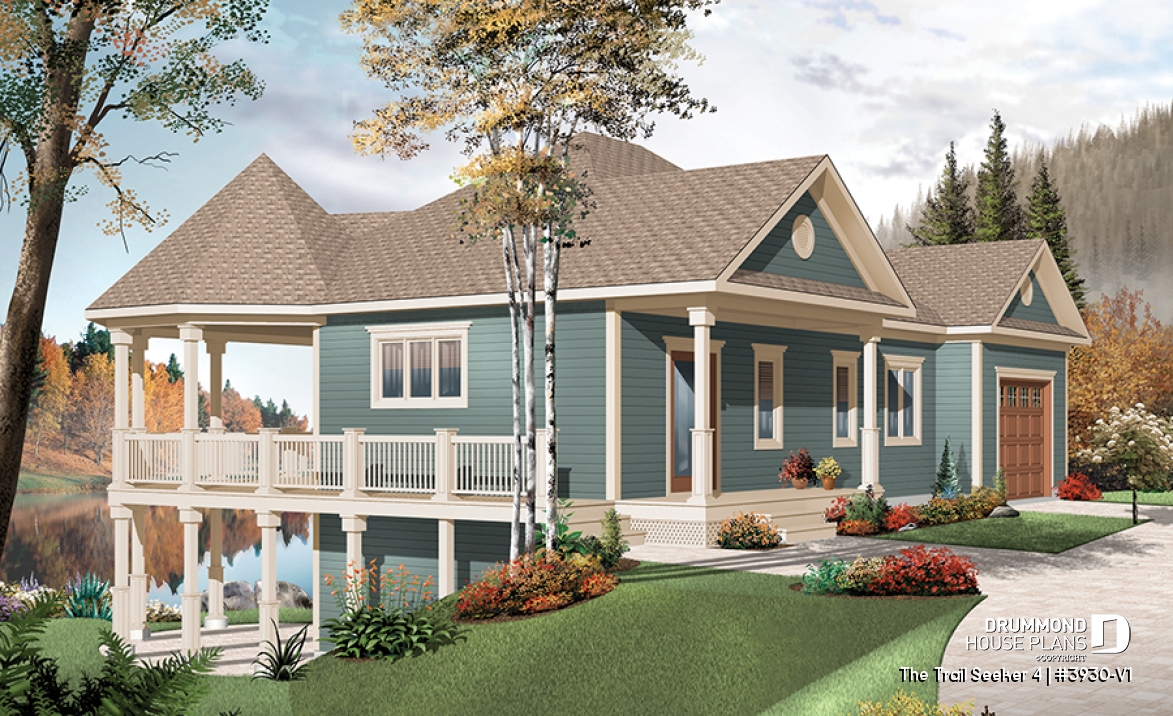front - BASE MODEL - Cottage house plan, large terrace, 3 bedrooms, 2 living rooms, master suite on main level, open floor plan - The Trail Seeker 4