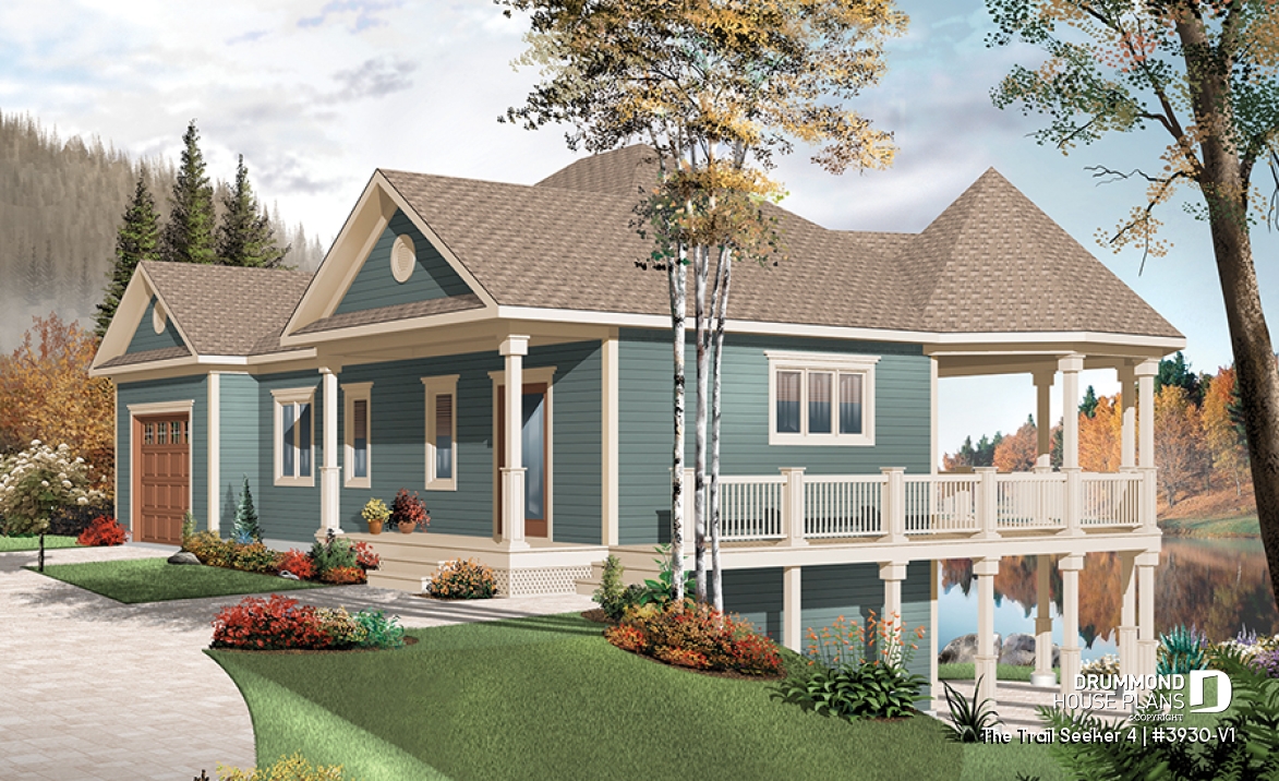 front - BASE MODEL - Cottage house plan, large terrace, 3 bedrooms, 2 living rooms, master suite on main level, open floor plan - The Trail Seeker 4