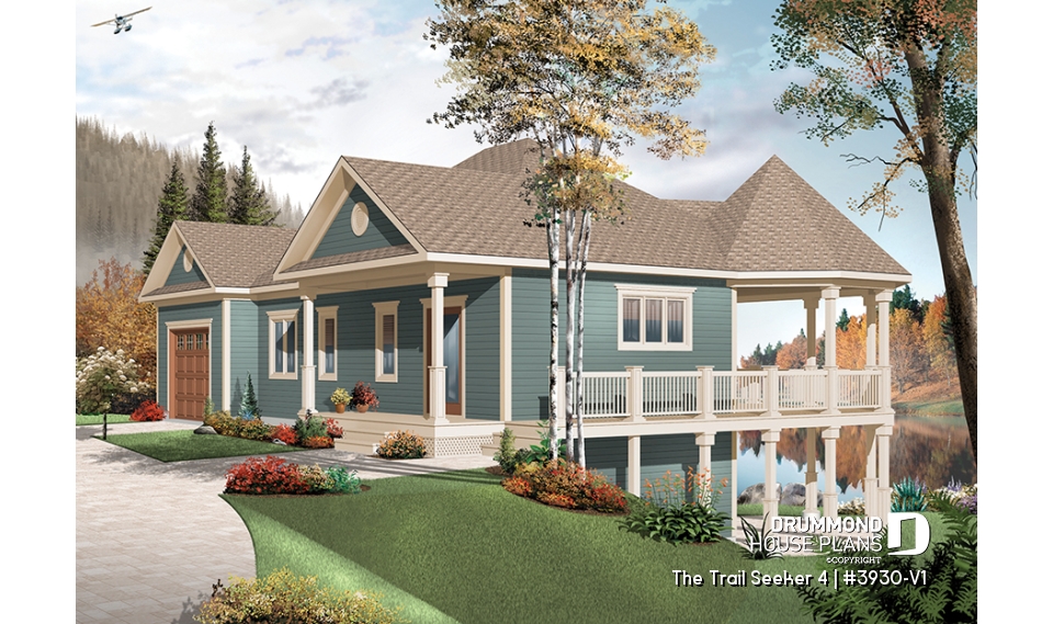 front - BASE MODEL - Cottage house plan, large terrace, 3 bedrooms, 2 living rooms, master suite on main level, open floor plan - The Trail Seeker 4