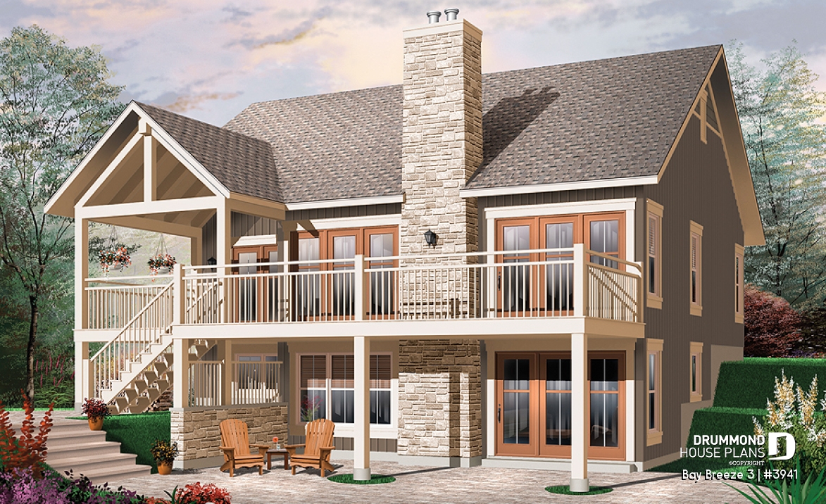 Rear view - BASE MODEL - Transitional style Cottage house plan, cathedral ceilings, fireplace, large deck, unfinished walkout  basement - Bay Breeze 3
