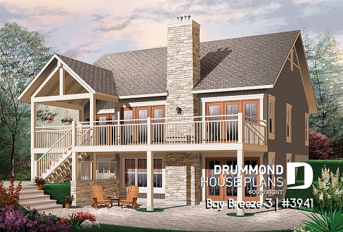 Rear view - BASE MODEL - Transitional style Cottage house plan, cathedral ceilings, fireplace, large deck, unfinished walkout  basement - Bay Breeze 3