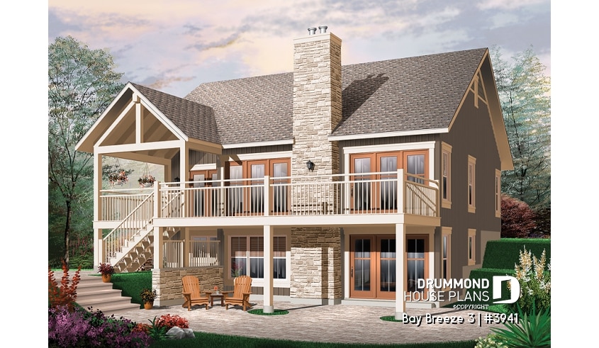 Rear view - BASE MODEL - Transitional style Cottage house plan, cathedral ceilings, fireplace, large deck, unfinished walkout  basement - Bay Breeze 3