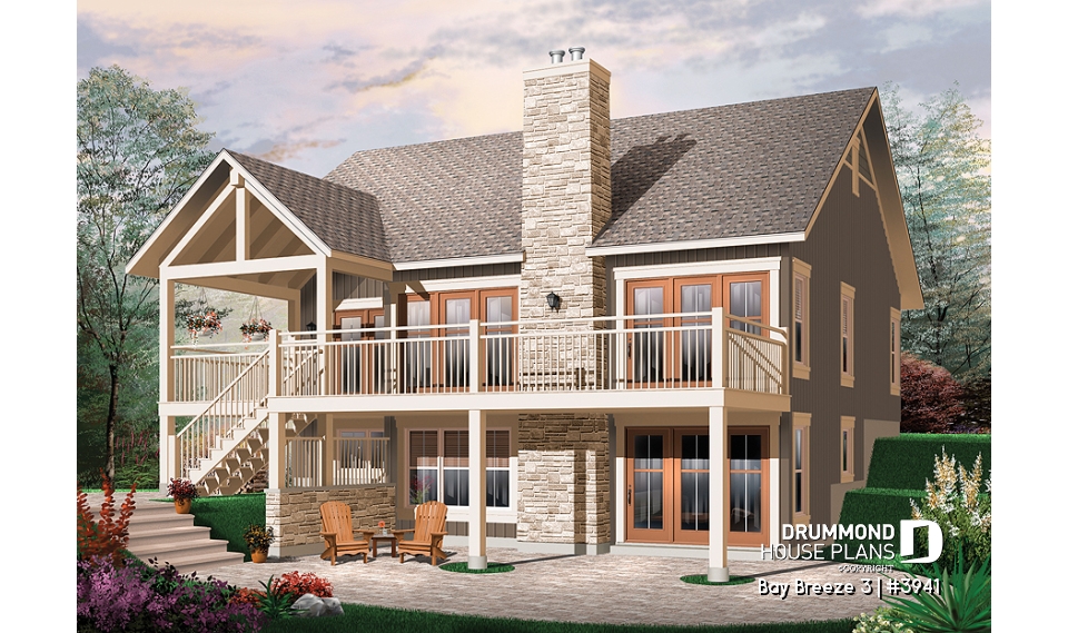 Rear view - BASE MODEL - Transitional style Cottage house plan, cathedral ceilings, fireplace, large deck, unfinished walkout  basement - Bay Breeze 3