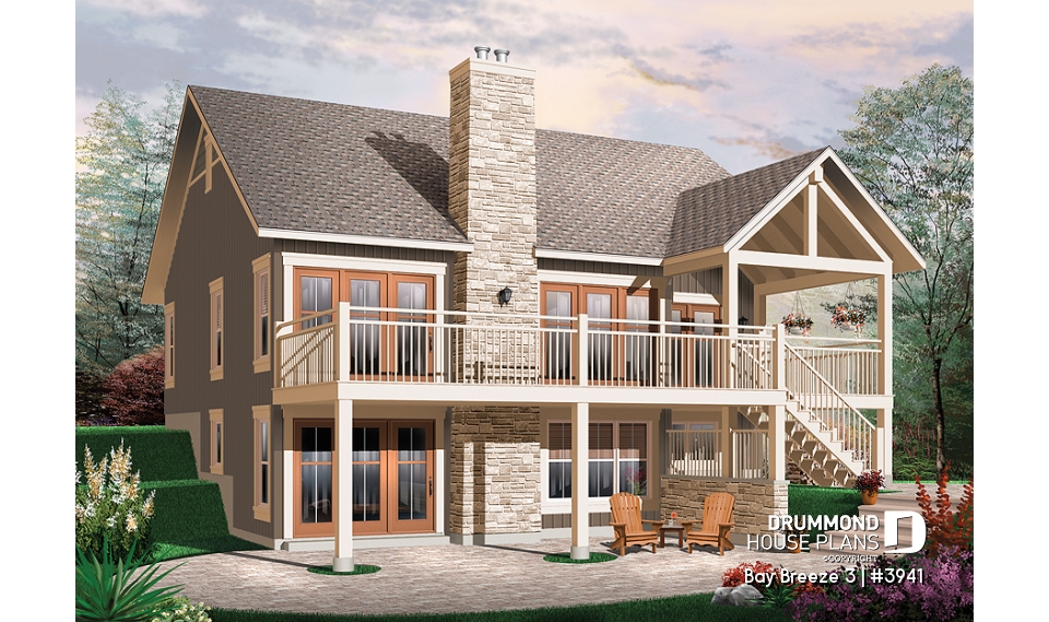 Rear view - BASE MODEL - Transitional style Cottage house plan, cathedral ceilings, fireplace, large deck, unfinished walkout  basement - Bay Breeze 3
