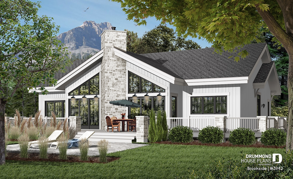Rear view - BASE MODEL - Lakefront house plan, cathedral ceiling, 4 bedrooms, 3 bathrooms, 2 master suites, large terrace - Brookside