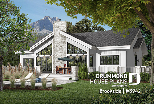 Rear view - BASE MODEL - Lakefront house plan, cathedral ceiling, 4 bedrooms, 3 bathrooms, 2 master suites, large terrace - Brookside