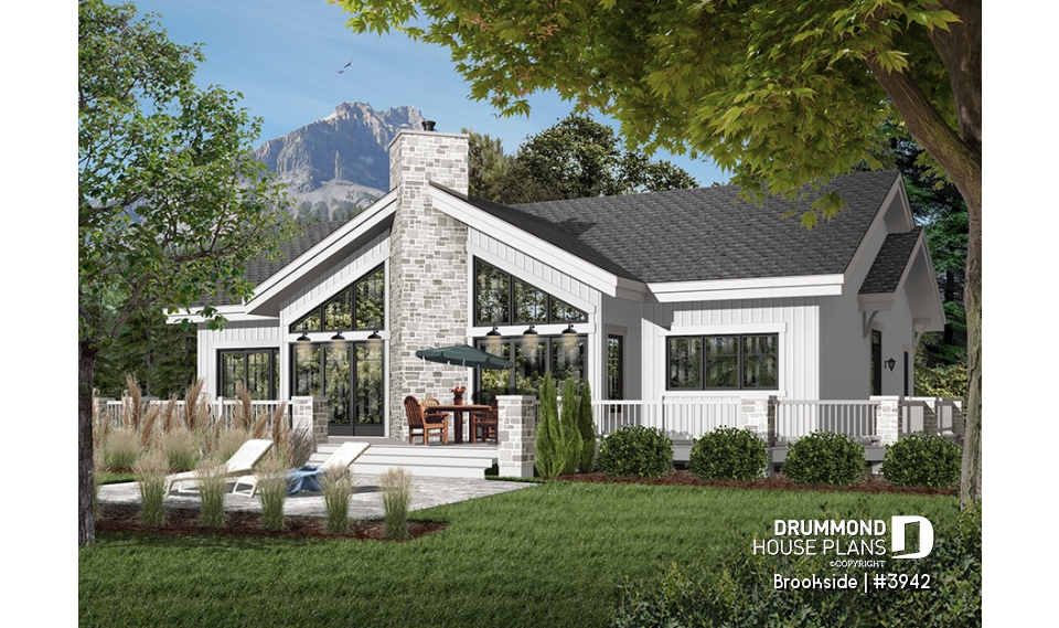 Rear view - BASE MODEL - Lakefront house plan, cathedral ceiling, 4 bedrooms, 3 bathrooms, 2 master suites, large terrace - Brookside