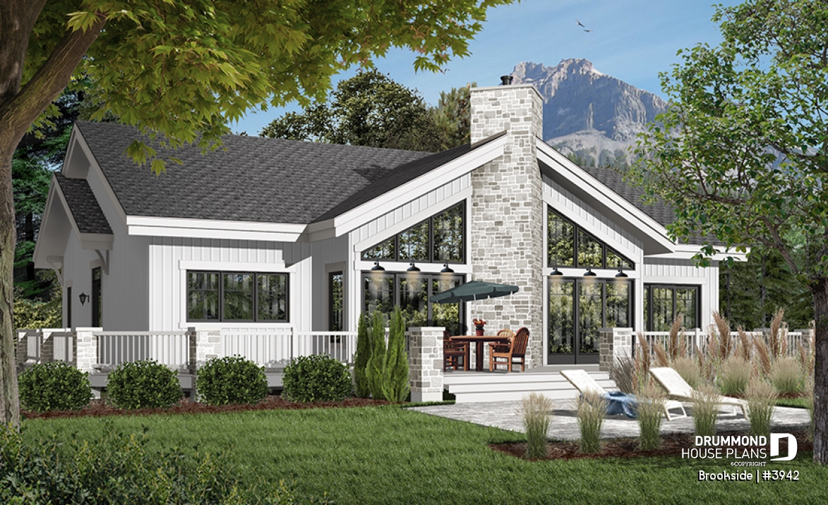 Rear view - BASE MODEL - Lakefront house plan, cathedral ceiling, 4 bedrooms, 3 bathrooms, 2 master suites, large terrace - Brookside