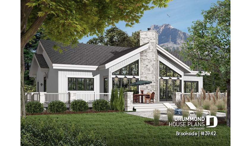 Rear view - BASE MODEL - Lakefront house plan, cathedral ceiling, 4 bedrooms, 3 bathrooms, 2 master suites, large terrace - Brookside