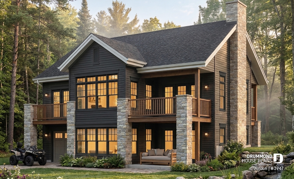 Rear view - BASE MODEL - Walkout Basement Ranch House Plan, 2 to 4 bedrooms and large patio - Gordon