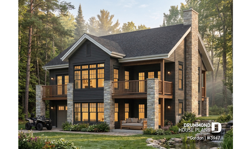 Rear view - BASE MODEL - 2 storey Northwest style cottage plan, 2-4 beds, fireplace, balconies, walkout basement, 9' ceiling on main - Gordon