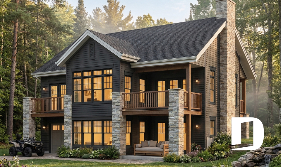 Rear view - BASE MODEL - 2 storey Northwest style cottage plan, 2-4 beds, fireplace, balconies, walkout basement, 9' ceiling on main - Gordon