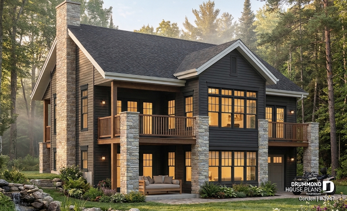Rear view - BASE MODEL - Walkout Basement Ranch House Plan, 2 to 4 bedrooms and large patio - Gordon