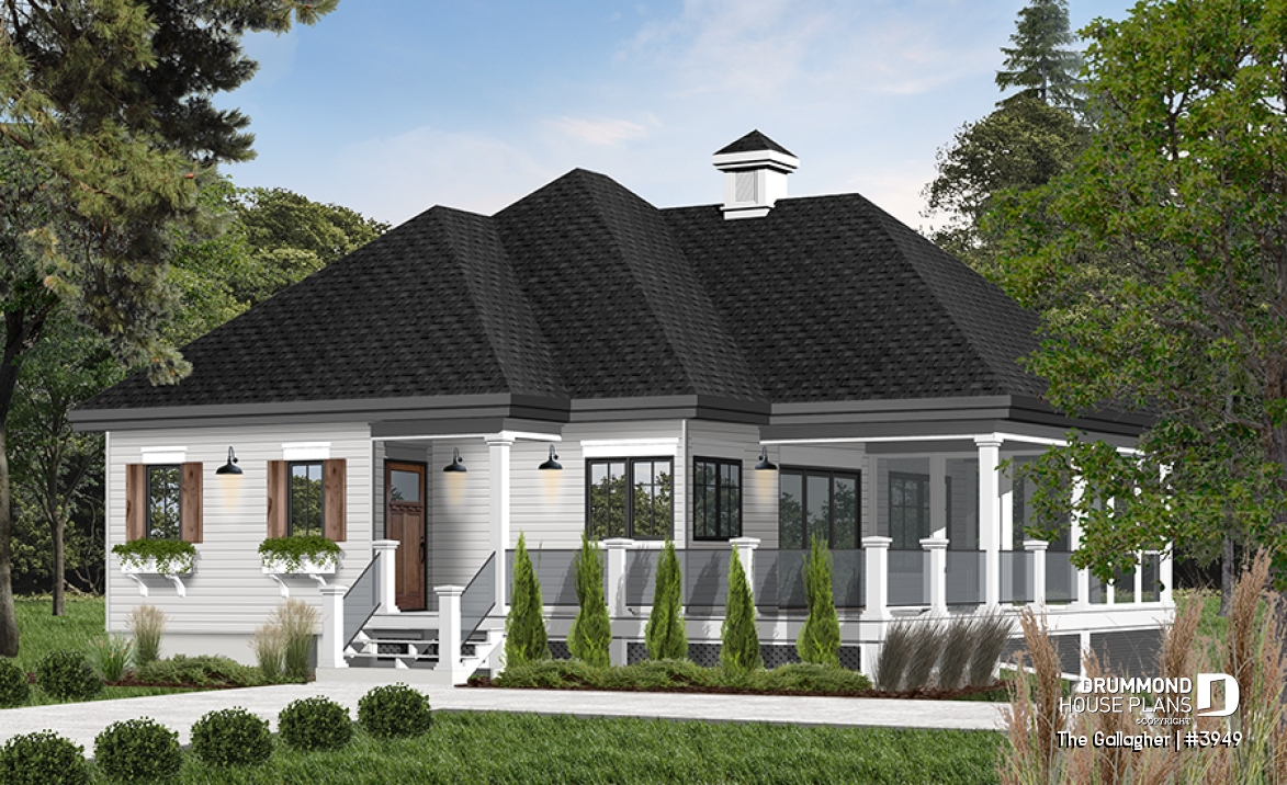 front - BASE MODEL - Country cottage waterfront house plan w/ covered screened-in porch, one bedroom, unfinished daylight basement - The Gallagher