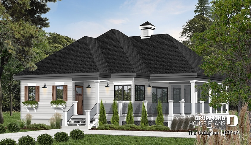 front - BASE MODEL - Country cottage waterfront house plan w/ covered screened-in porch, one bedroom, unfinished daylight basement - The Gallagher