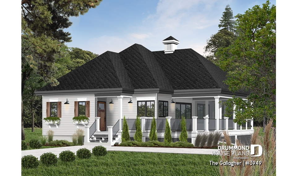 front - BASE MODEL - Country cottage waterfront house plan w/ covered screened-in porch, one bedroom, unfinished daylight basement - The Gallagher