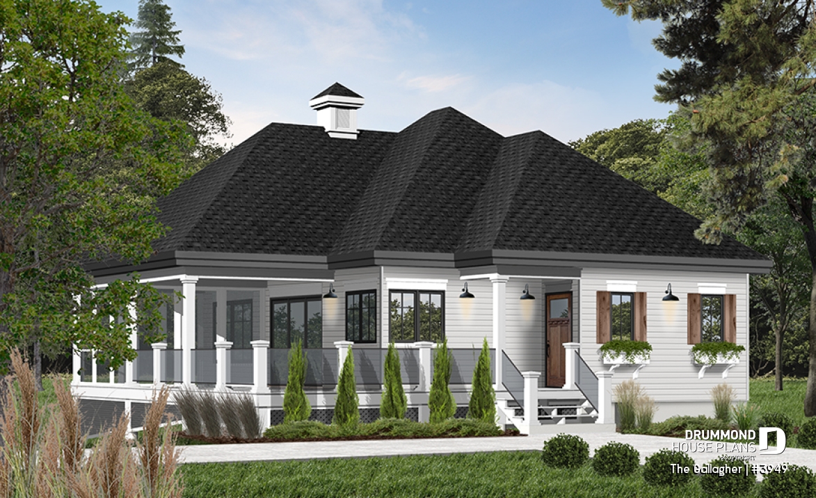 front - BASE MODEL - Country cottage waterfront house plan w/ covered screened-in porch, one bedroom, unfinished daylight basement - The Gallagher