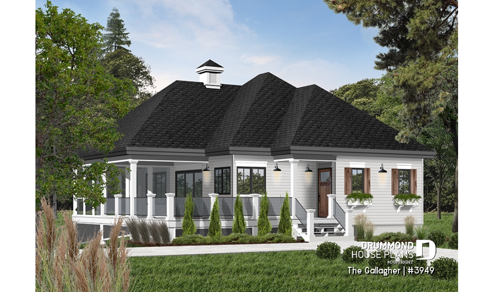 front - BASE MODEL - Country cottage waterfront house plan w/ covered screened-in porch, one bedroom, unfinished daylight basement - The Gallagher