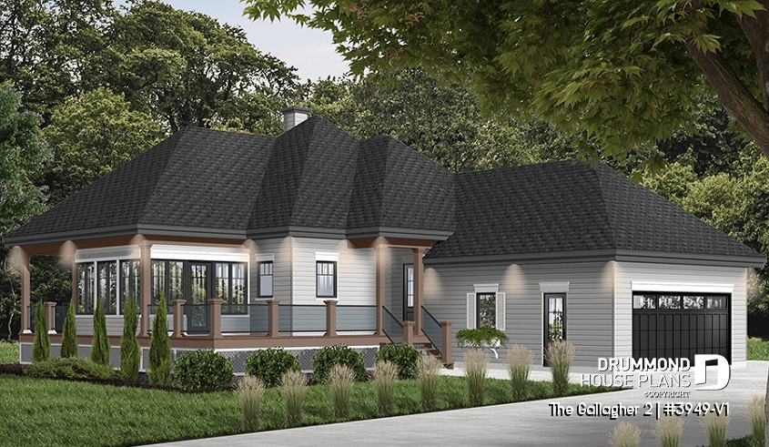 Color version 1 - Front - Superb country cottage house plan, 2 bedrooms, 2 bathrooms, 2-car garage, screened-in porch - The Gallagher 2