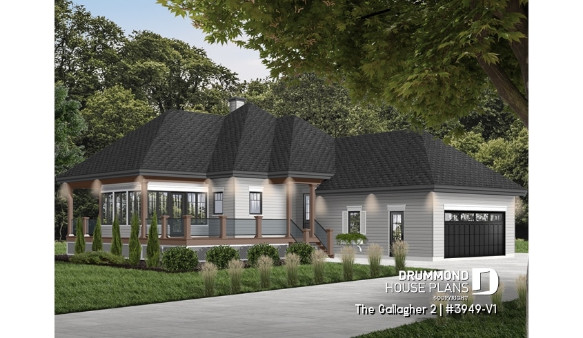Color version 1 - Front - Superb country cottage house plan, 2 bedrooms, 2 bathrooms, 2-car garage, screened-in porch - The Gallagher 2