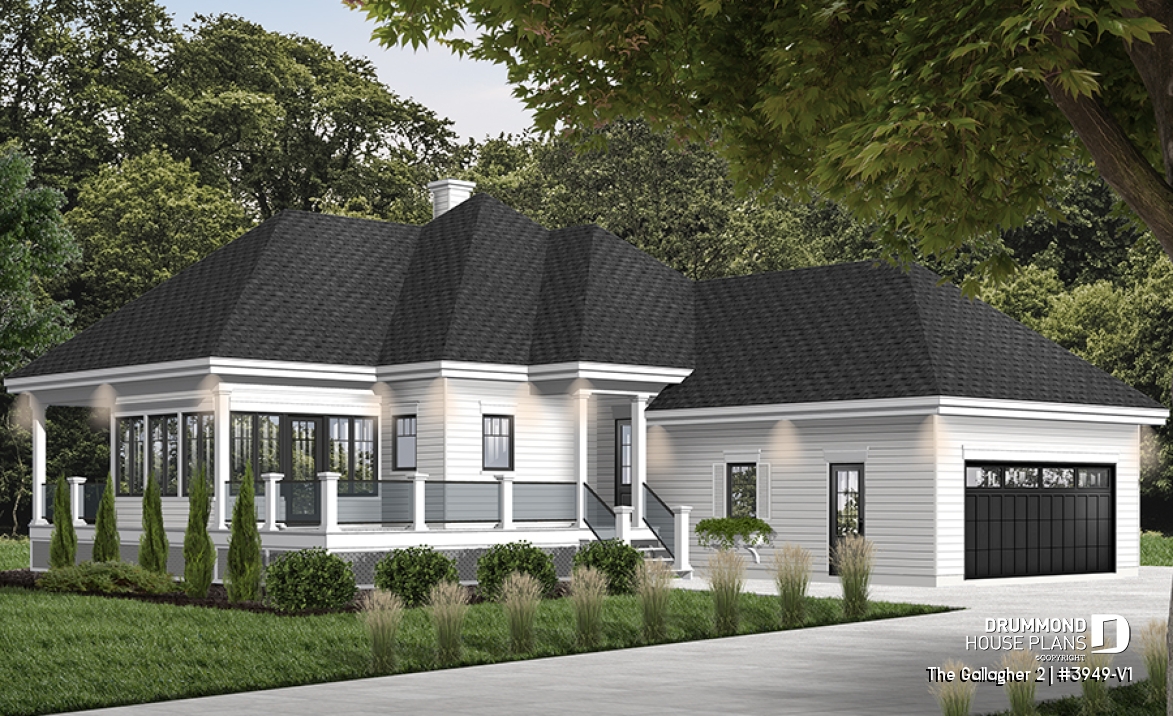 front - BASE MODEL - Superb country cottage house plan, 2 bedrooms, 2 bathrooms, 2-car garage, screened-in porch - The Gallagher 2
