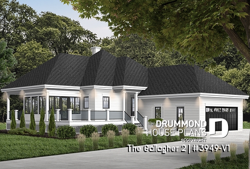 front - BASE MODEL - Superb country cottage house plan, 2 bedrooms, 2 bathrooms, 2-car garage, screened-in porch - The Gallagher 2