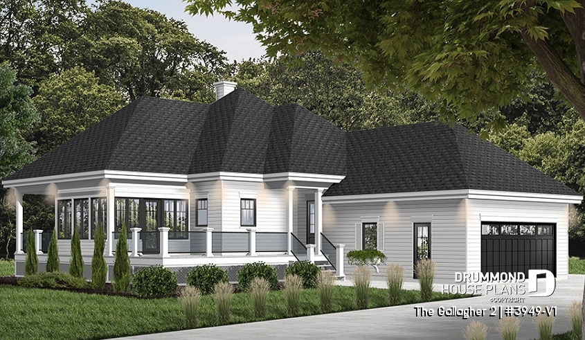 front - BASE MODEL - Superb country cottage house plan, 2 bedrooms, 2 bathrooms, 2-car garage, screened-in porch - The Gallagher 2