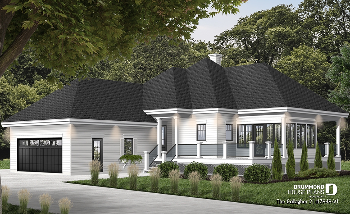 front - BASE MODEL - Superb country cottage house plan, 2 bedrooms, 2 bathrooms, 2-car garage, screened-in porch - The Gallagher 2