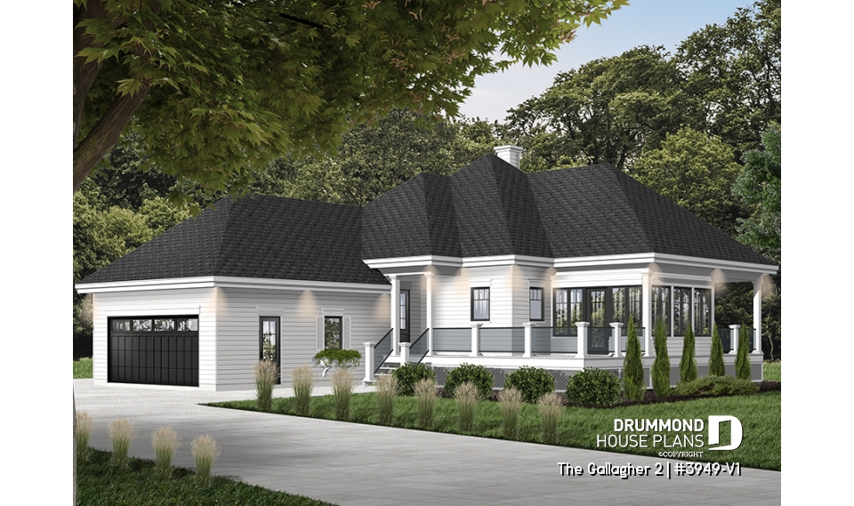 front - BASE MODEL - Superb country cottage house plan, 2 bedrooms, 2 bathrooms, 2-car garage, screened-in porch - The Gallagher 2