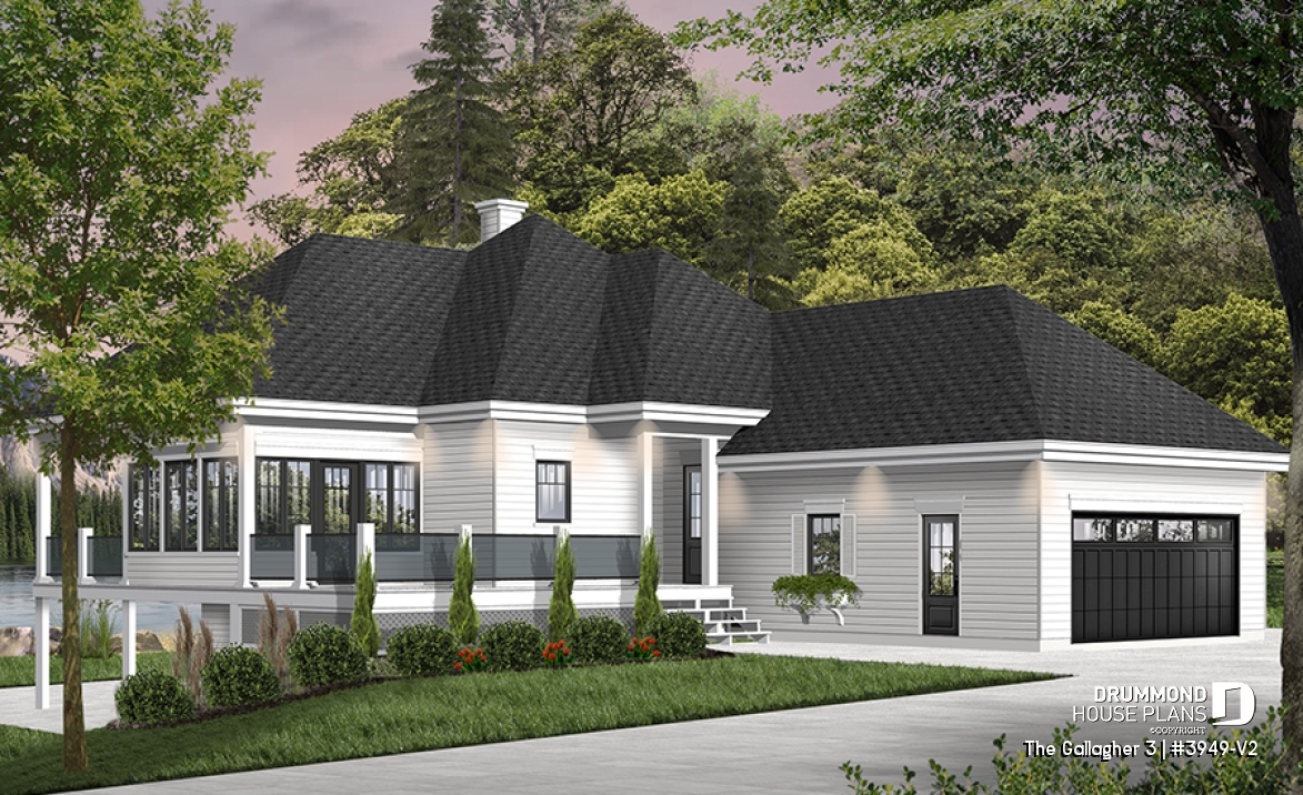 front - BASE MODEL - One-storey cottage home plan, finished walkout basement, master suite on main, screened-in porch + terrace - The Gallagher 3