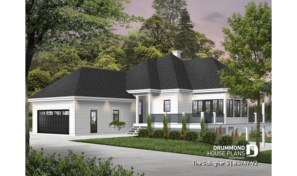 front - BASE MODEL - One-storey cottage home plan, finished walkout basement, master suite on main, screened-in porch + terrace - The Gallagher 3