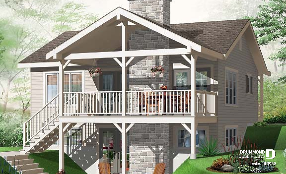 Rear view - BASE MODEL - Affordable simple northwest style lakefront home plan, 1 to 3+ bedrooms, 2 living , 2 fireplaces, covered deck - Leslie