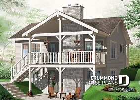 Rear view - BASE MODEL - Affordable simple northwest style lakefront home plan, 1 to 3+ bedrooms, 2 living , 2 fireplaces, covered deck - Leslie