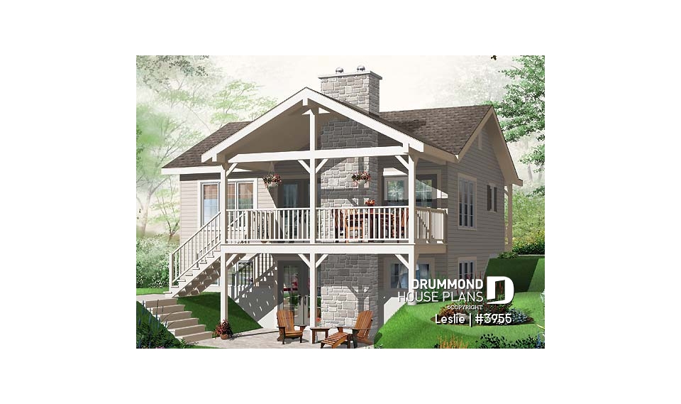 Rear view - BASE MODEL - Affordable simple northwest style lakefront home plan, 1 to 3+ bedrooms, 2 living , 2 fireplaces, covered deck - Leslie