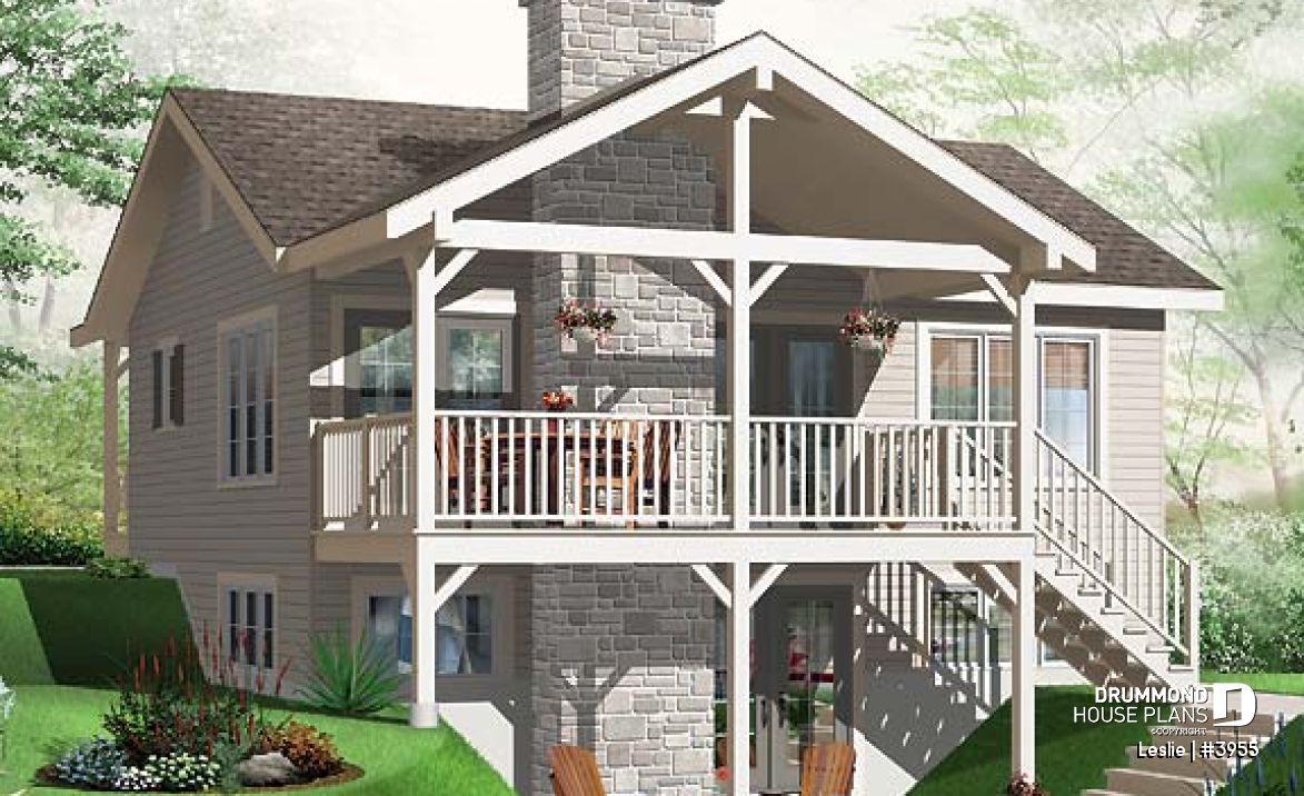Rear view - BASE MODEL - Affordable simple northwest style lakefront home plan, 1 to 3+ bedrooms, 2 living , 2 fireplaces, covered deck - Leslie