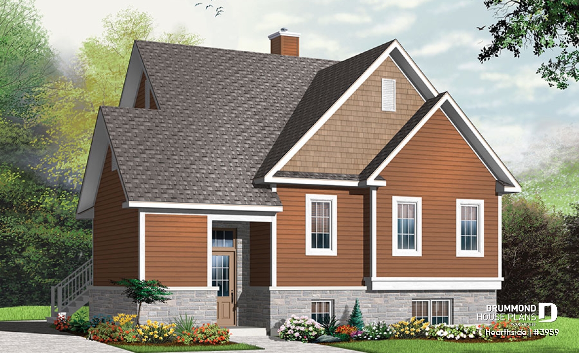 front - BASE MODEL - Ski chalet house plan with 2 living rooms, 1 to 4 bedrooms and a fireplace, affordable - Hearthside