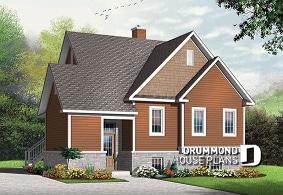 front - BASE MODEL - Ski chalet house plan with 2 living rooms, 1 to 3 bedrooms and a fireplace, affordable - Hearthside