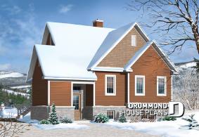 front - BASE MODEL - Ski chalet house plan with 2 living rooms, 1 to 4 bedrooms and a fireplace, affordable - Hearthside