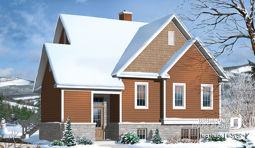 front - BASE MODEL - Ski chalet house plan with 2 living rooms, 1 to 4 bedrooms and a fireplace, affordable - Hearthside