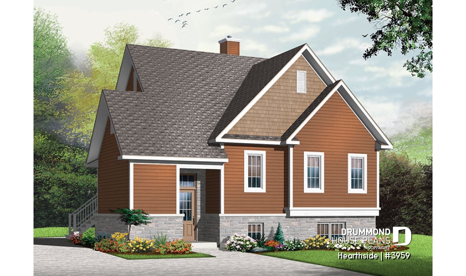 front - BASE MODEL - Ski chalet house plan with 2 living rooms, 1 to 4 bedrooms and a fireplace, affordable - Hearthside