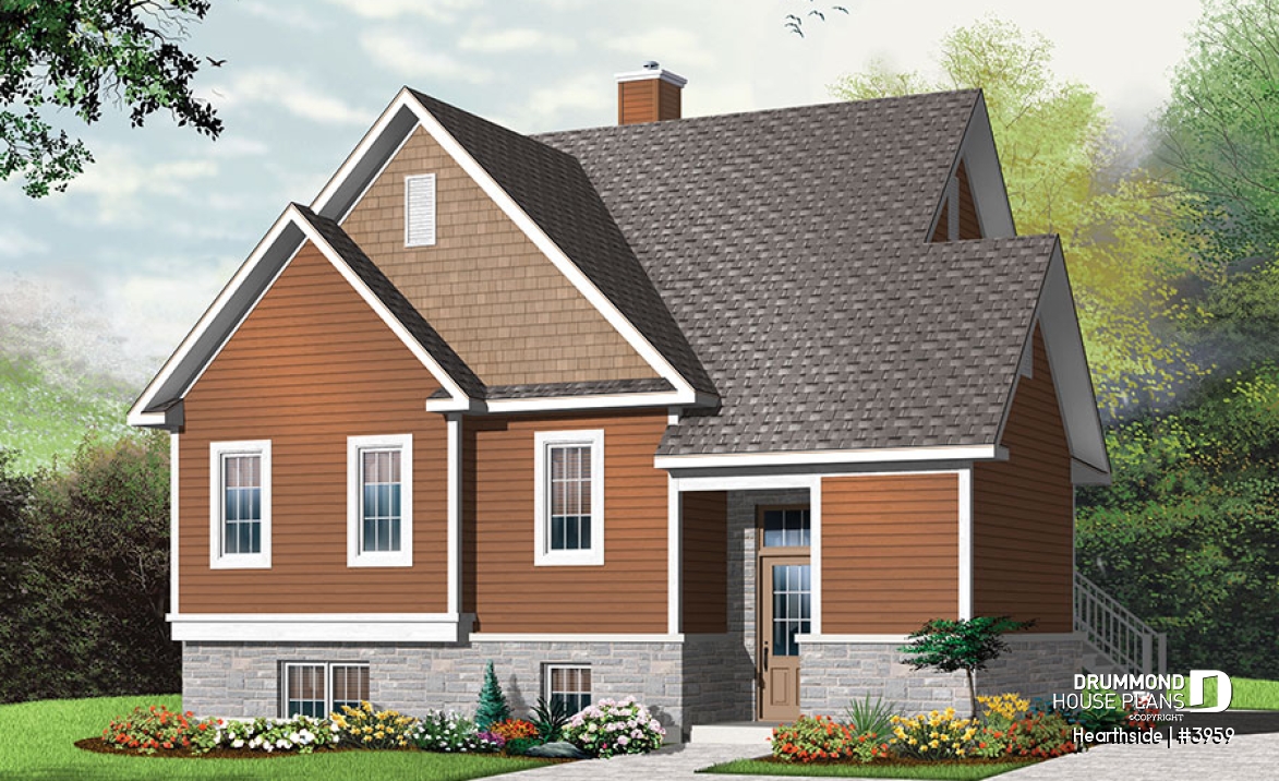 front - BASE MODEL - Ski chalet house plan with 2 living rooms, 1 to 4 bedrooms and a fireplace, affordable - Hearthside